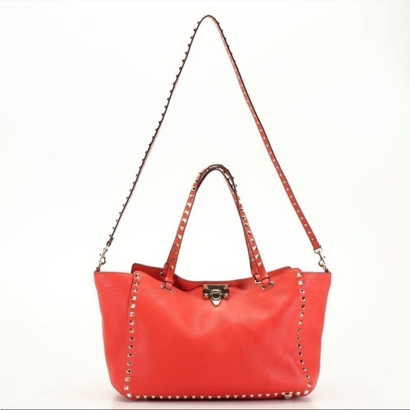Valentino Rockstud Medium Trapeze Tote Red Leather Studded Luxury Designer - Picture 1 of 7